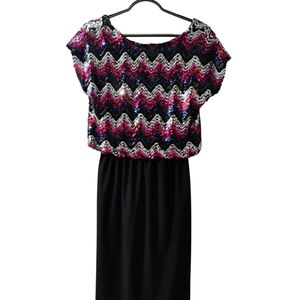 Vintage Sequin Chevron Dress in Black, Pink, and Silver
